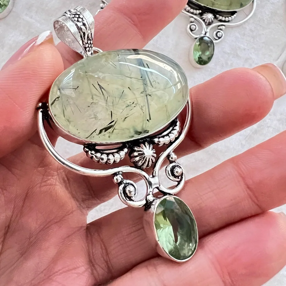925 Moss Prehnite w/ Epidote! Pendant Necklace